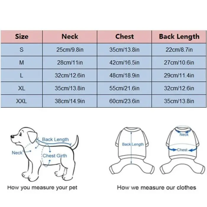 A size chart for 10425-8ca329.jpg showing neck, chest, and back length measurements for sizes S to XXL, along with illustrations on how to measure a pet and the clothes.