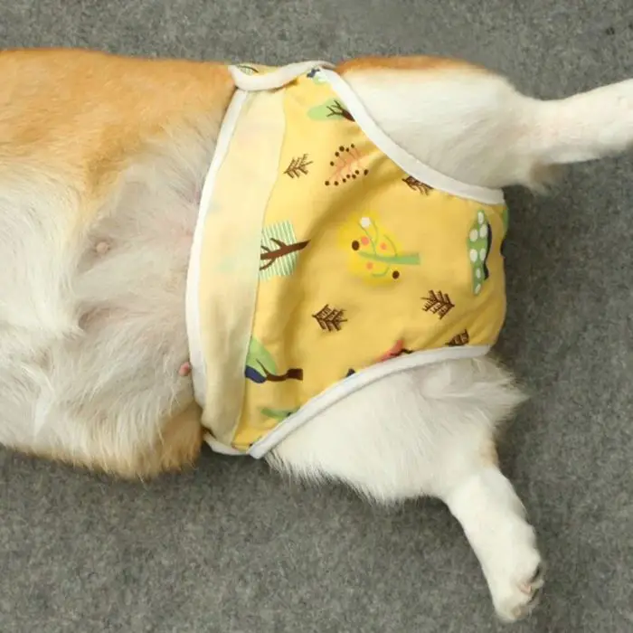 A dog wearing a yellow, patterned cloth, akin to 10445-3c6b12.jpg, with its belly and legs visible, lying on a gray surface.