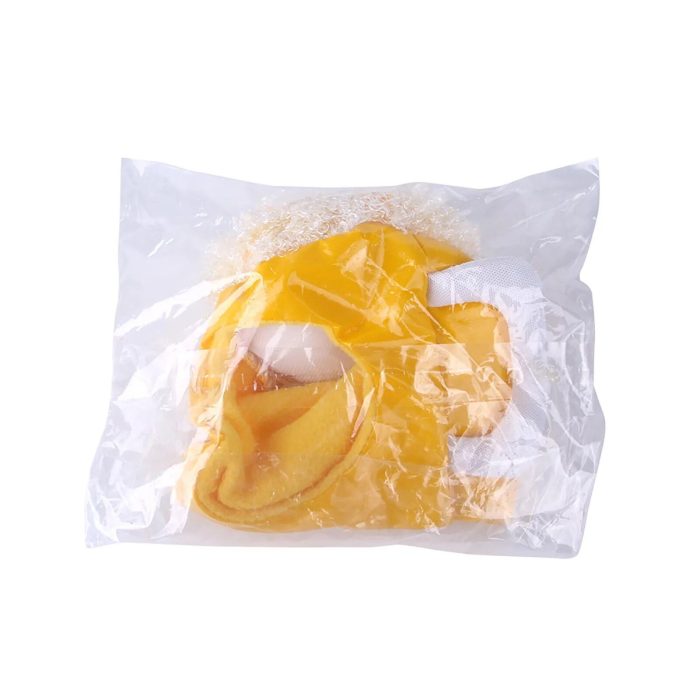 A yellow plush toy lion with a bushy mane is packaged inside a clear plastic bag alongside 10459-2cd520.jpg.