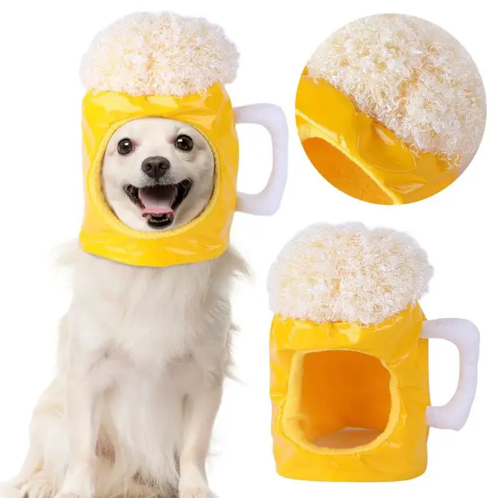 A dog in a yellow beer mug costume, complete with a frothy top and handle, is showcased in both a full view and a close-up, capturing the adorable details of the 10459-cc87c3.jpg attire.