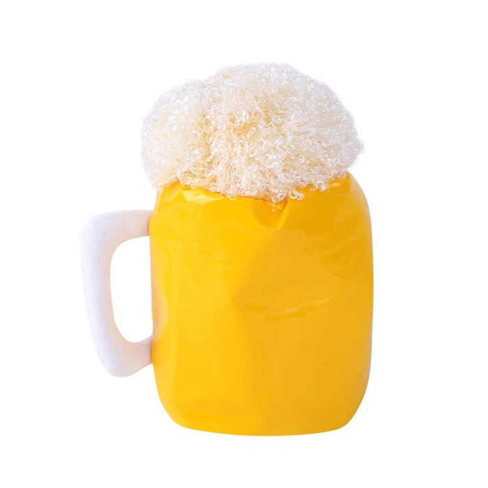 A square-shaped yellow 10459-d0a0e7.jpg designed to resemble a dog beer mug, complete with a textured white top imitating foam and a white handle on the side.