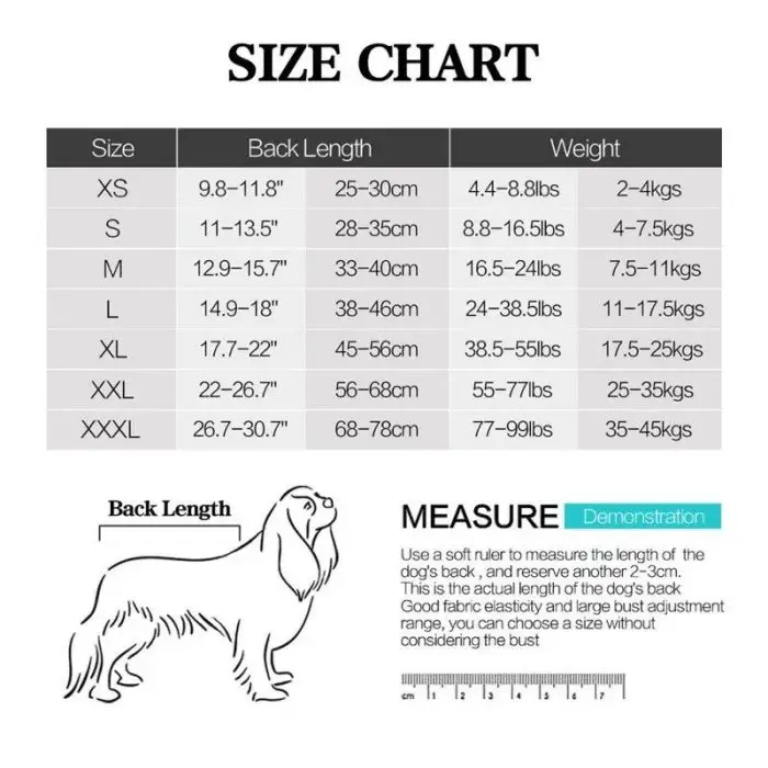 Size chart for dog clothing, including adorable 10487-cff221.jpg, shows size options XS to XXXL. Includes back length and weight ranges. Illustration demonstrates how to measure your dog’s back length.