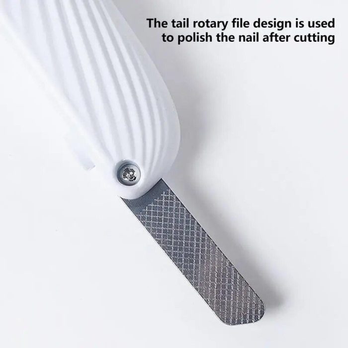 Close-up of a nail file integrated into a white rotary tool, designed to polish nails after cutting. This versatile tool, 10511-7ae802.jpg, can also function as a pet nail clipper, ensuring your furry friend's nails are neatly trimmed and smooth.