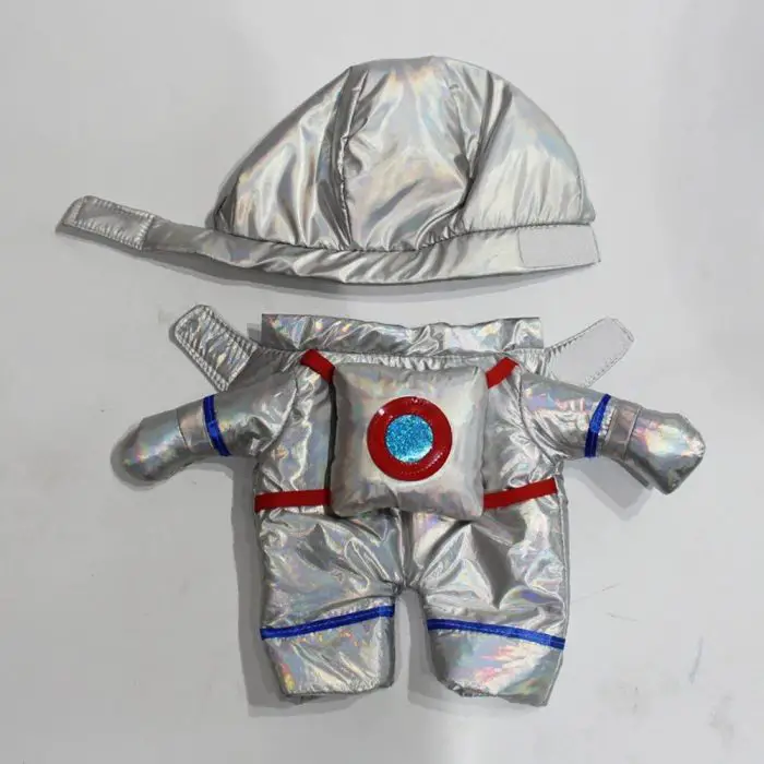 A shiny silver astronaut costume for a small pet, featuring a jumpsuit with red and blue accents and a matching cap, perfect for cosplay adventures, displayed against a plain background. (10519-5b6e0b.jpg)