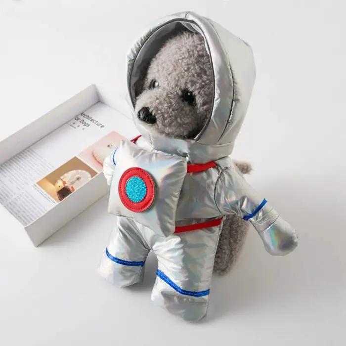 A small dog dressed in a shiny silver astronaut outfit, complete with a blue and red emblem on the chest, stands proudly on a white surface. An open box labeled 10519-f17f9b.jpg sits in the background, adding to the charming cosplay scene.