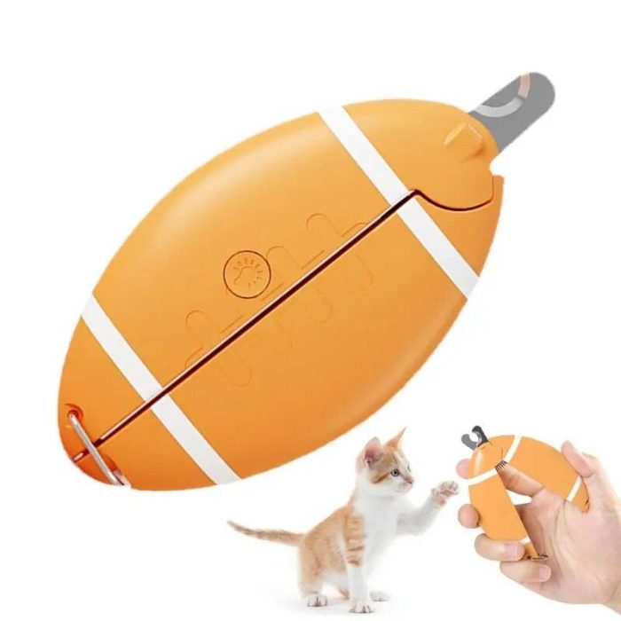 Orange, football-shaped cat toy with white stripes and a gray handle, shown both on its own and being held by a hand, with a kitten reaching towards it. Conveniently paired with 10530-531c91.jpg for complete pet care.