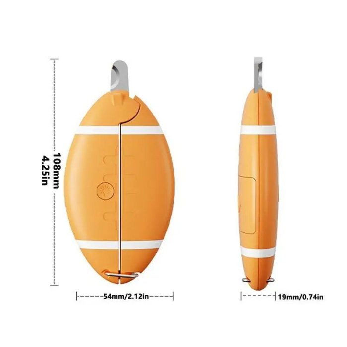 Two views of 10530-d2a285.jpg, an orange oblong device with white stripes resembling a pet nail clipper, displaying its dimensions: 108mm/4.25in in height, 54mm/2.12in width, and 19mm/0.74in thickness.