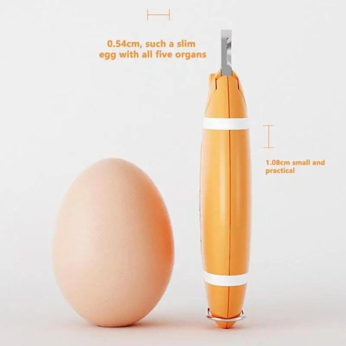 A brown egg is placed next to 10530-d36026.jpg, an orange cylindrical pet nail clipper with textual measurements, highlighting its slimness at 0.54cm and a width of 1.08cm.