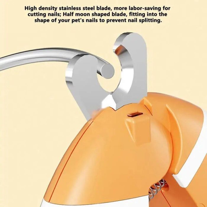 Close-up of an orange and silver 10530-dc7806.jpg with high density stainless steel blades and a half moon shape, designed to prevent nail splitting. Text above describes its features, highlighting the precision and safety of this essential tool.