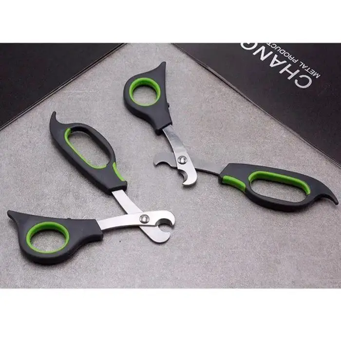 The image shows two black and green 10538-35cd74.jpg. One pair is open, revealing a bottle opener feature, while the other remains closed. Interestingly, these shears can also be used as pet nail clippers, adding to their versatility.