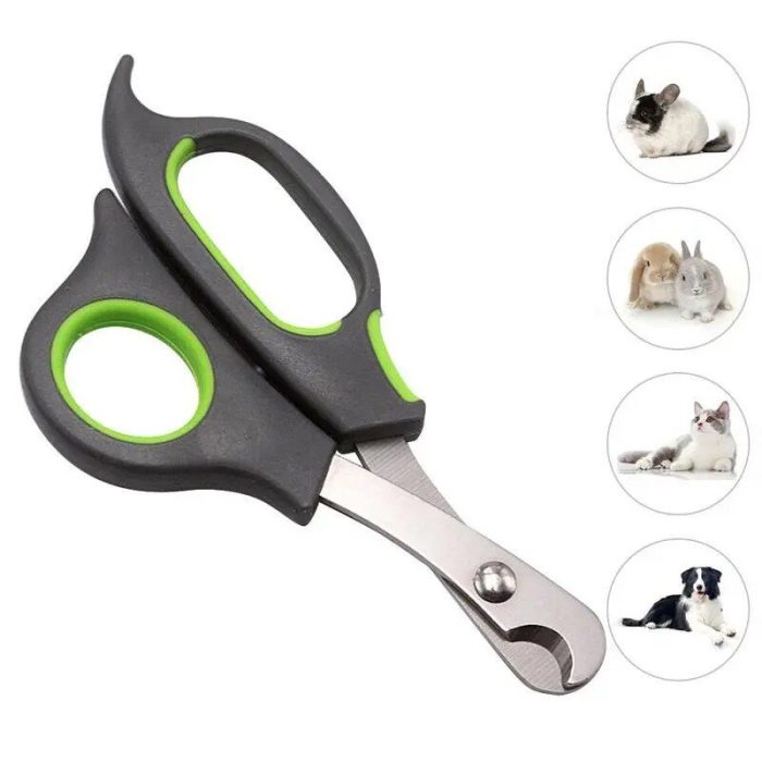 A black and green pet nail clipper with circular grip and metal blades is shown. Four small images feature a rabbit, two rabbits, a cat, and a dog respectively in the background. The 10538-b7ec12.jpg is ideal for keeping your furry friends well-groomed.