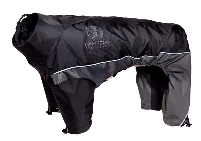 A black and gray waterproof dog jacket with leg coverings, featuring a "10546-c7d72b.jpg" logo on the side. This stylish dog jacket ensures your pet stays dry and comfortable in any weather.