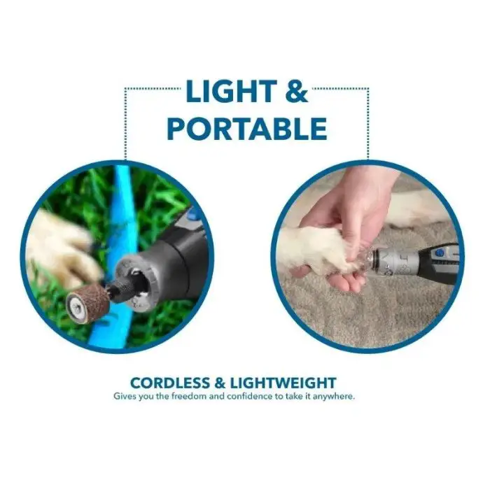 Two close-up images of a cordless, lightweight rotary tool being used on pet nails with text: "LIGHT & PORTABLE. CORDLESS & LIGHTWEIGHT. Gives you the freedom and convenience to take it anywhere.
10565-055ea0.jpg