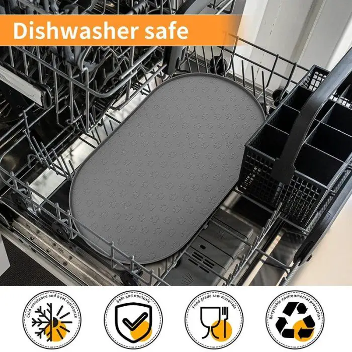 A gray pet feeding mat inside a dishwasher with icons below showing it is dishwasher safe, non-toxic, BPA-free, and recyclable. 10573-edecad.jpg