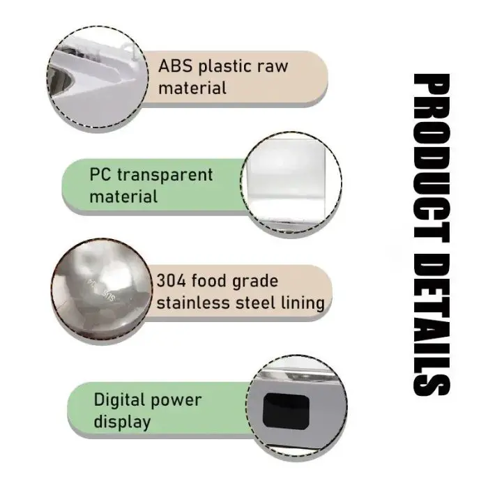 Product details image showing ABS plastic raw material, PC transparent material, 304 food grade stainless steel lining, and digital power display, all meticulously designed for a state-of-the-art Pet Feeder (10589-0c3f5d.jpg).