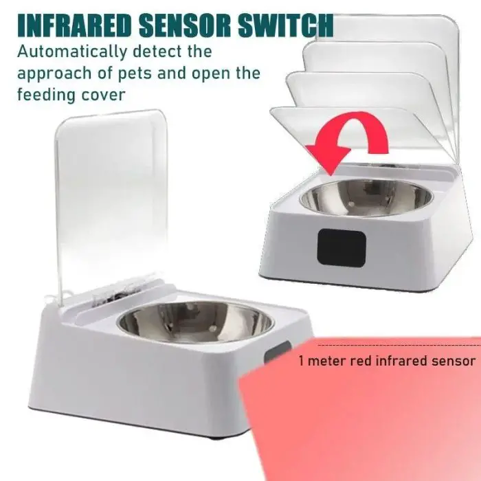 A white pet feeder bowl with an infrared sensor switch that automatically opens the cover when a pet approaches. The device includes a 1-meter red infrared sensor, ensuring your pet's mealtime is both convenient and hygienic. The product is named 10589-191a95.jpg.