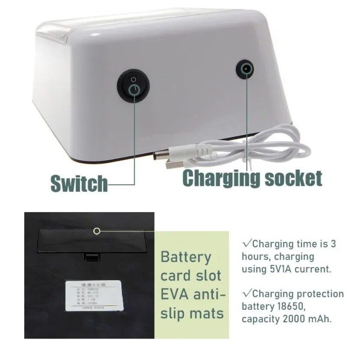 White sterilization box with a switch, charging socket, battery card slot, and EVA anti-slip mats. It's perfect for keeping your 10589-3dc1c4.jpg hygienic. Charging time: 3 hours, uses 5V1A current, with charging protection battery 18650, 2000 mAh capacity.