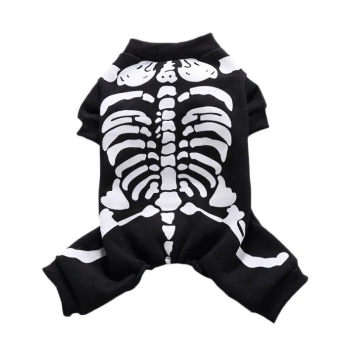 A black pet outfit featuring a white skeleton design printed on the back, perfect as a spooky 10598-c45fcf.jpg.