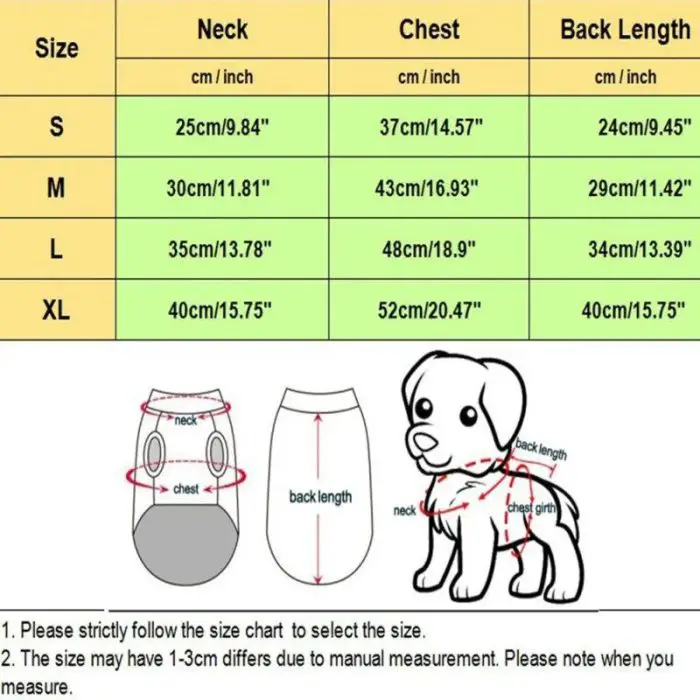 Size chart for dog clothing, including the 10598-d72502.jpg, showing neck, chest, and back length measurements in centimeters and inches for sizes S, M, L, and XL. Includes an illustration of how to measure a dog.