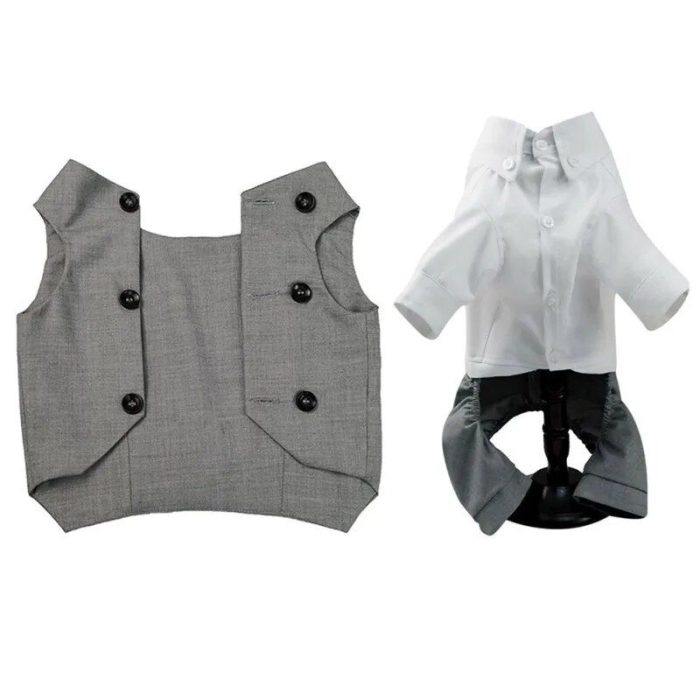 Image of a 10630-790f89.jpg, featuring a gray vest with black buttons and a white shirt paired with matching gray pants.