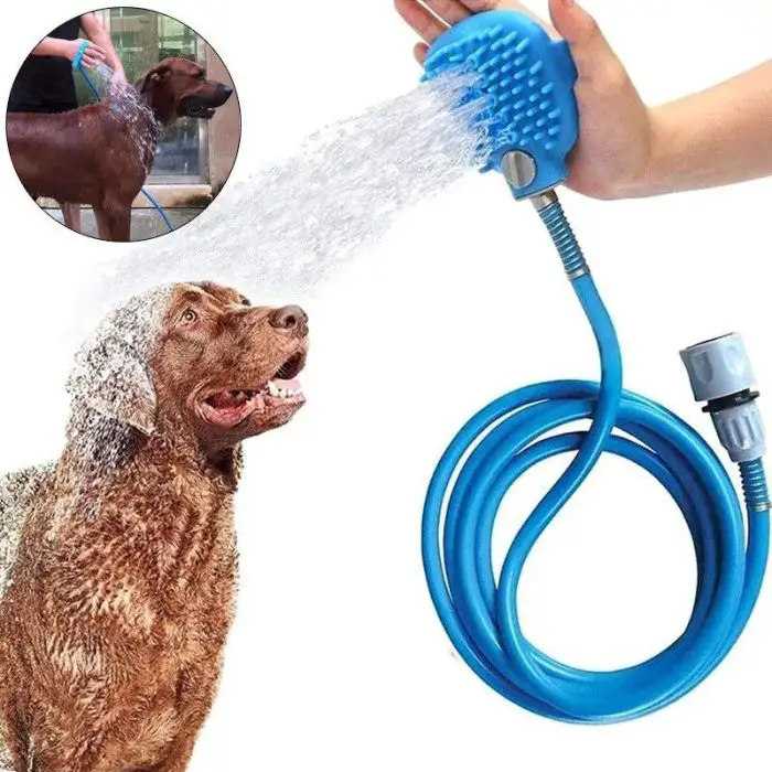 A brown dog being bathed using a blue handheld pet shower with a grooming attachment. The attachment, 10652-1f04f7.jpg, is shown in a separate inset image in use on another dog.