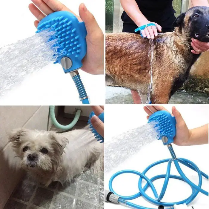 A person using 10652-353058.jpg to wash two different dogs. The tool sprays water from a hose and has bristles for scrubbing, shown in use and close-up, alongside a small white dog and a larger brown dog.