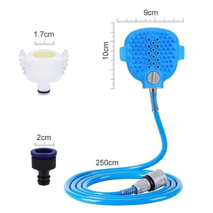 Image showing a blue handheld pet showerhead with a 250 cm hose, and two connectors; one white measuring 1.7 cm in diameter and another black one measuring 2 cm in diameter (10652-8a8722.jpg).