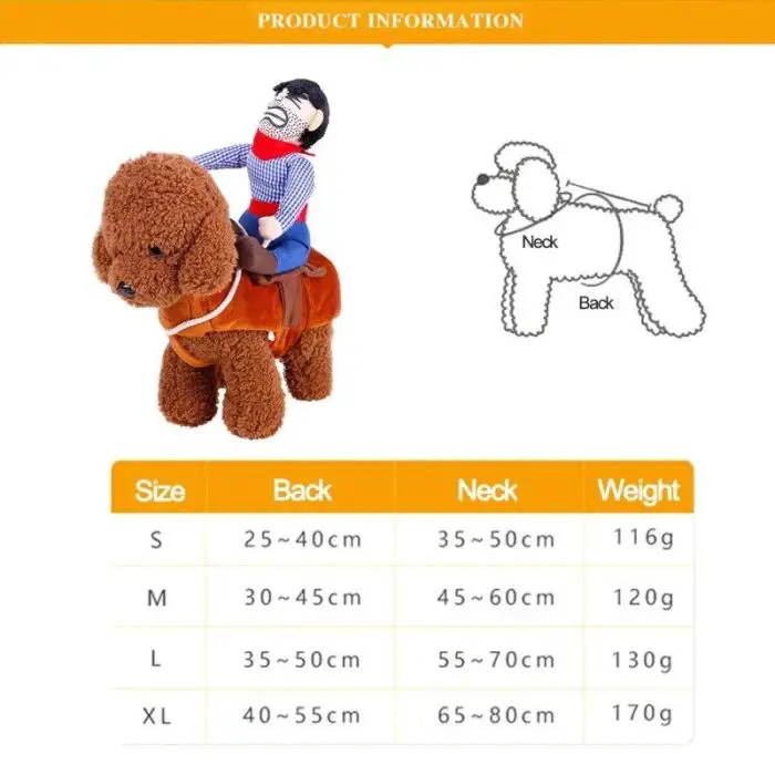 A costume size chart for dog outfits featuring sizes S, M, L, XL with measurements for back length, neck circumference, and weight. Includes an illustration of a dog wearing a 10673-5bf6a7.jpg.