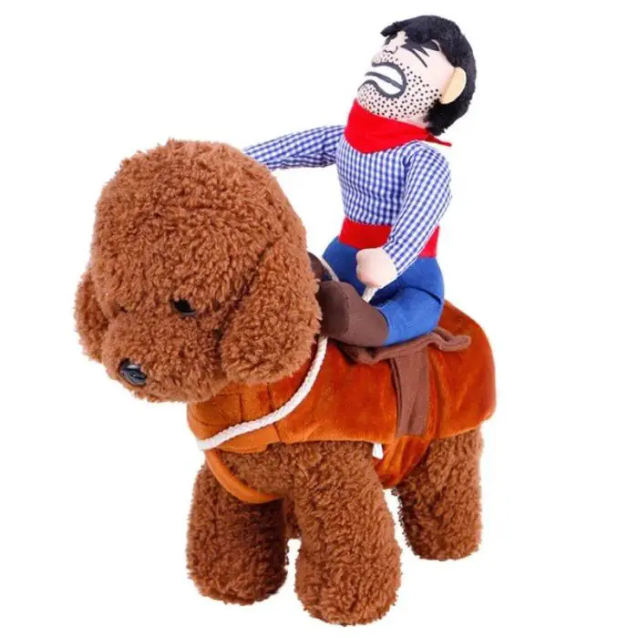 A toy figure of a man in a red scarf and blue pants rides a brown plush dog designed to look like a horse, complete with saddle. The man's detailed costume adds an extra touch of realism to the playful scene. Product Name: 10673-681c2f.jpg