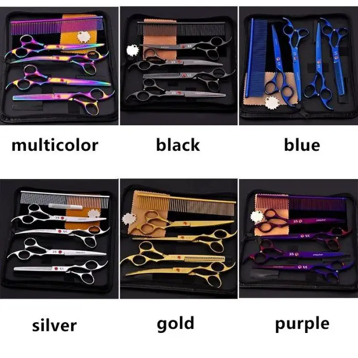 Six sets of hair cutting tools in different colors (multicolor, black, blue, silver, gold, purple) arranged in cases. Each 10684-65e6b7.jpg contains scissors, thinning shears, comb, and cleaning cloth.