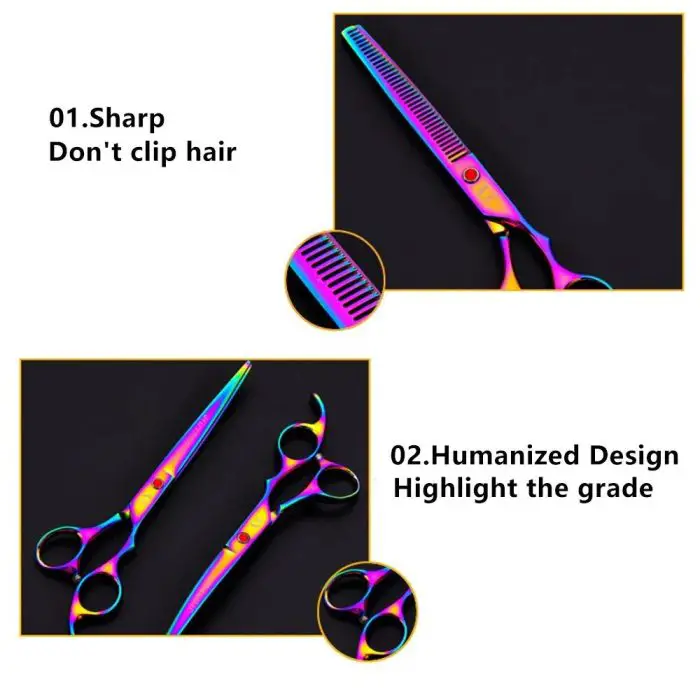 Two iridescent hair scissors are shown with annotation text. The 10684-b5251a.jpg features scissors that are sharp and designed to not clip hair, boasting a humanized design that highlights quality.