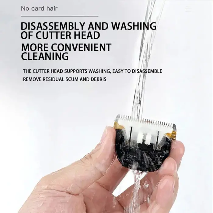 Close-up of a hand holding a 10716-397a2b.jpg cutter head under running water with text explaining the ease of disassembly and washing for convenient cleaning.