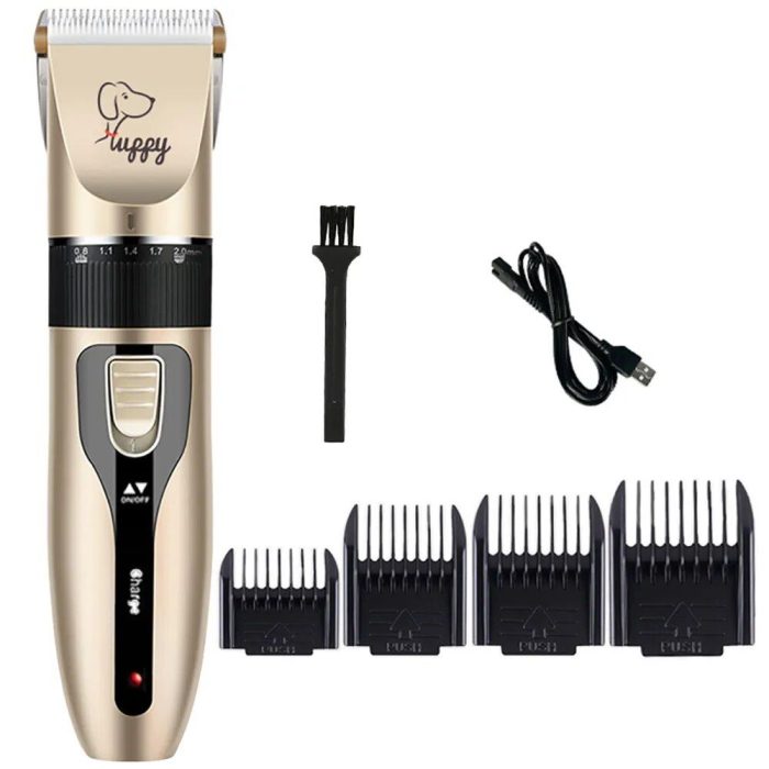 10716-cb661b.jpg with attachments, including comb guides, a cleaning brush, and a charging cable.