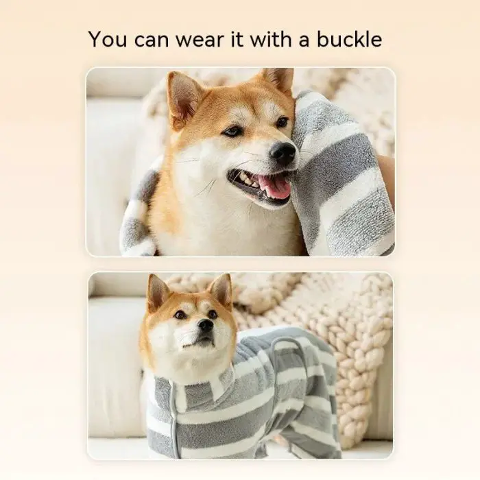 A dog in a 10726-23051e.jpg is shown in two images. The top image displays the dog with the 10726-23051e.jpg draped over its back, while the bottom image shows the dog fully dressed in it.