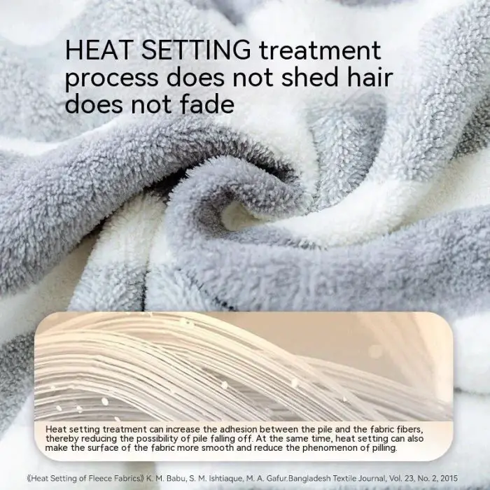 Close-up image of 10726-f17102.jpg with text explaining that heat setting treatment prevents shedding and increases adhesion between fibers, ensuring your bathrobe remains soft and durable. A reference to a textile journal is included at the bottom.