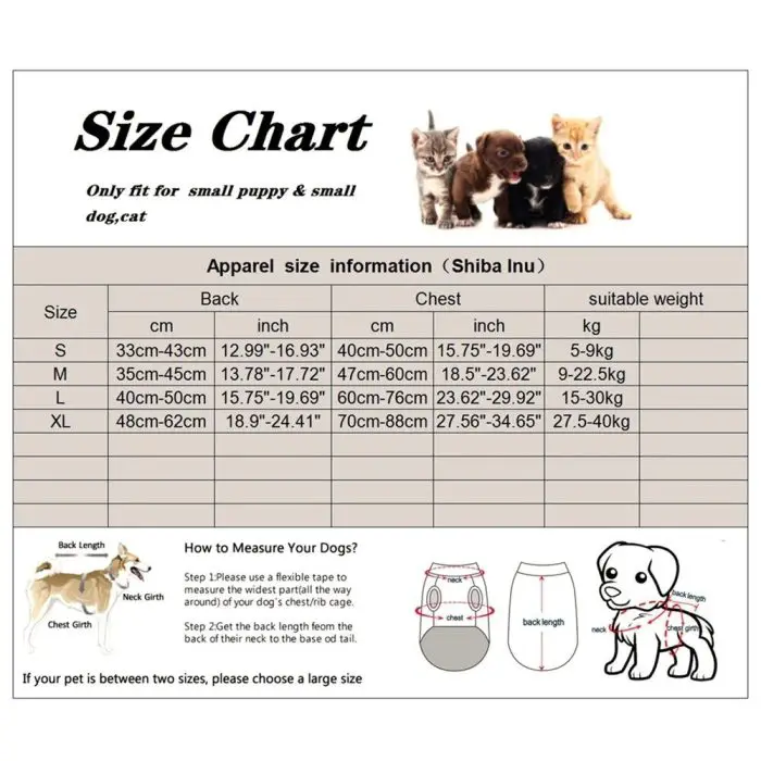 Size chart with measurements for dog and cat apparel, covering back, chest, and suitable weight for sizes S to XL. Includes illustrations showing how to measure a dog, ensuring an accurate fit whether you're sizing up a cozy sweater or a 10740-7bb815.jpg.