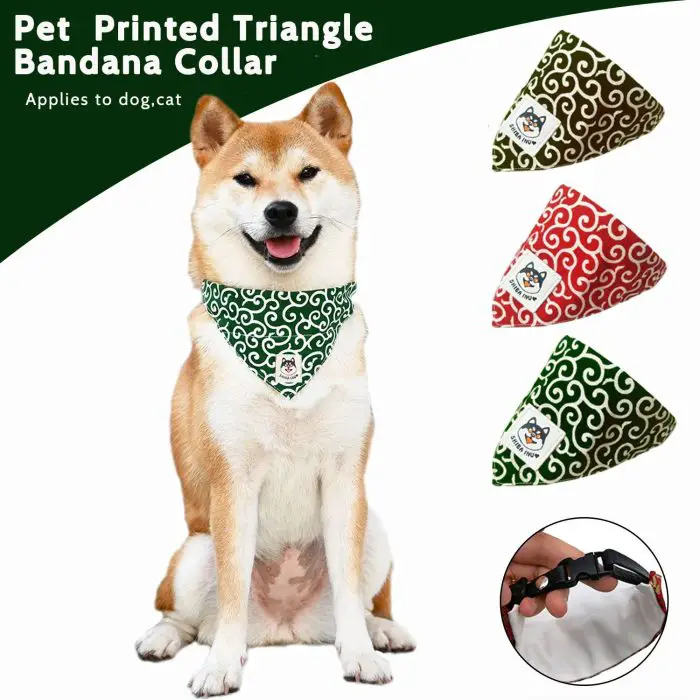 A dog sporting a green printed bandana collar. Three bandana colors are showcased: green, red, and white. Caption reads "10750-9f7c53.jpg. Suitable for both dogs and cats." Features an easy clasp closure in the image.