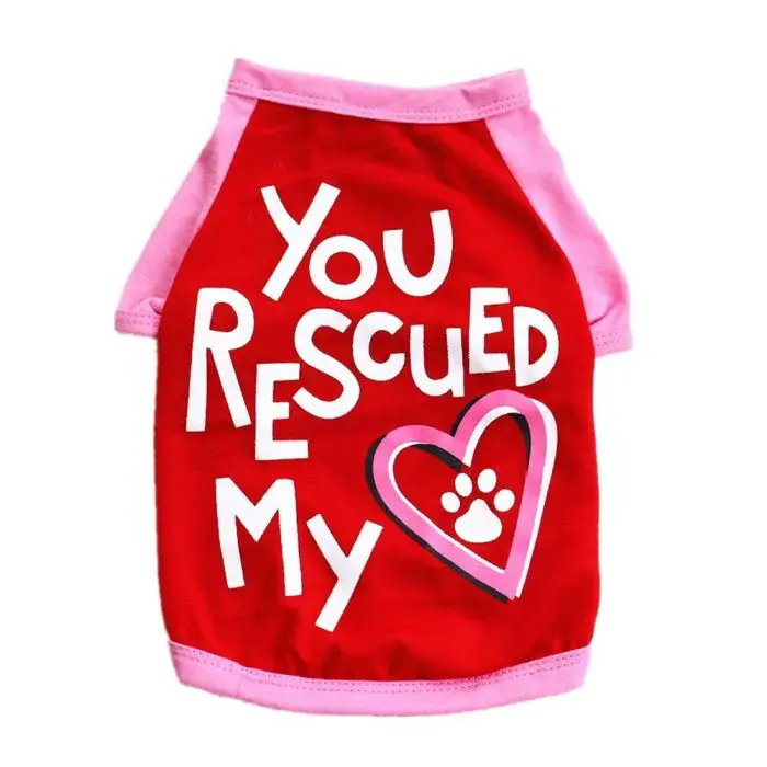 A red and pink Summer T-Shirt for your dog with the text "You Rescued My Heart" and a heart graphic featuring a paw print in the center, 10784-2fda4b.jpg.