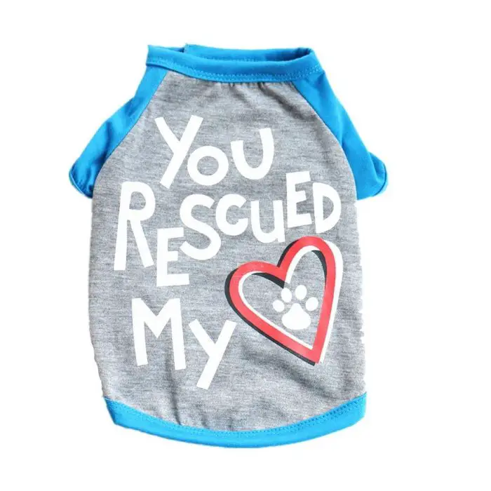 Gray and blue summer T-shirt for pets featuring the text "You Rescued My Heart" with a red heart outline and a paw print, product name: 10784-5b289c.jpg.