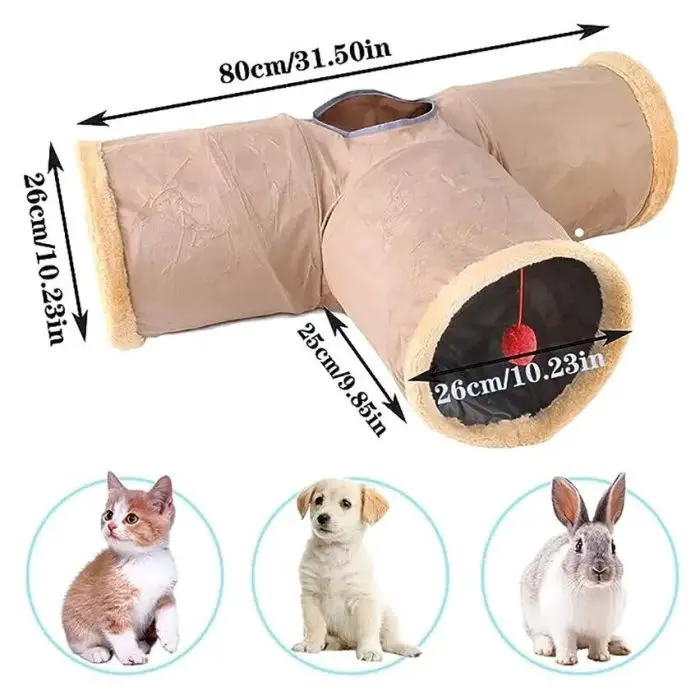 A beige plush cat play tunnel with three openings, perfect for pets. Below, there are images of a cat, a puppy, and a rabbit in blue circles labeled 10814-e476ca.jpg.