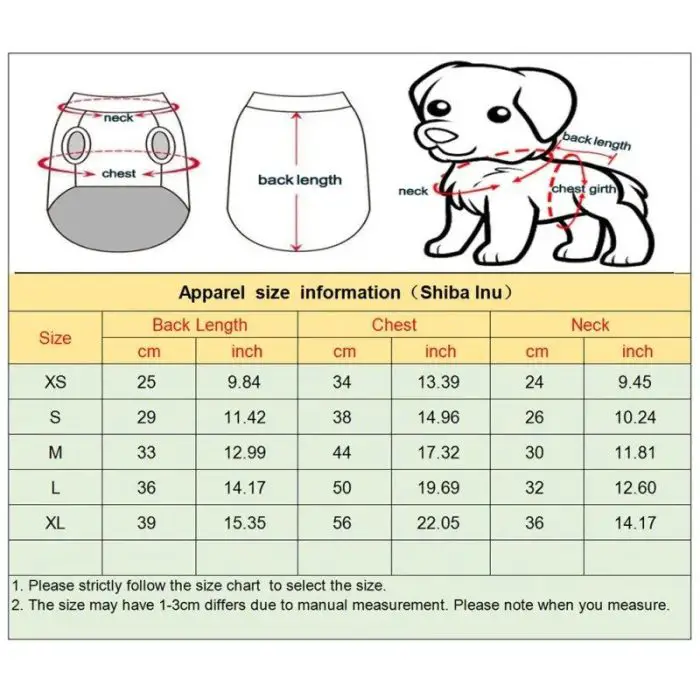 Apparel size information chart for Shiba Inu, featuring sizes XS to XL with measurements for back length, chest, and neck in centimeters and inches. Perfect for choosing the ideal outfit from 10834-90fd73.jpg for your pup.