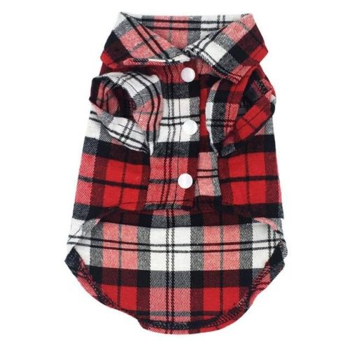 A red, black, and white plaid dog shirt with white buttons and a collar, laid flat on a white background (Product Name: 10834-fb1bf3.jpg).