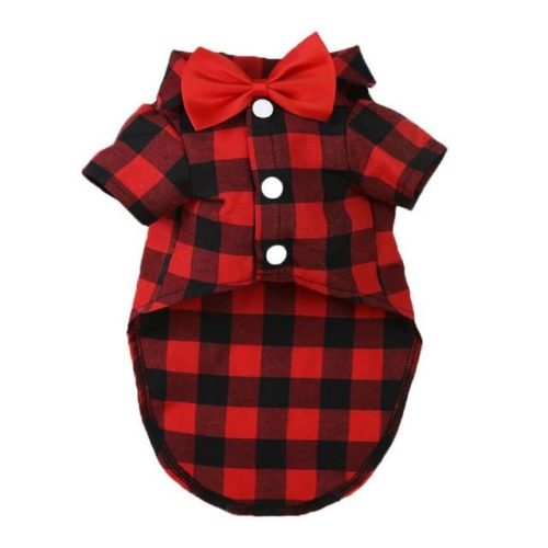 A red and black plaid 10860-a08584.jpg with white buttons and a red bow tie.