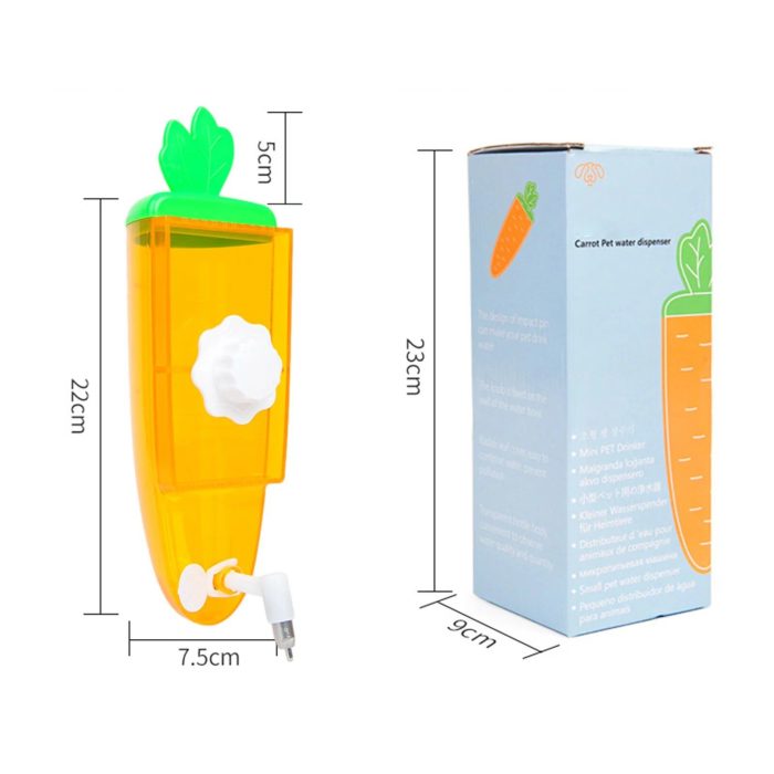 A 10899-22ef25.jpg with dimensions next to a box displaying product information and a carrot illustration; the dispenser is 22cm tall, 7.5cm wide, and 5cm deep. The packaging box measures 23cm x 9cm.