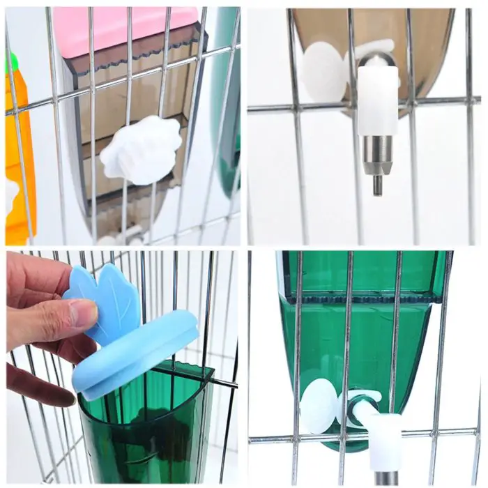 Four images show a person assembling and attaching 10899-cf7231.jpg to a cage. They connect the nozzle, fill it with water, secure the cap, and lock the bottle in place.