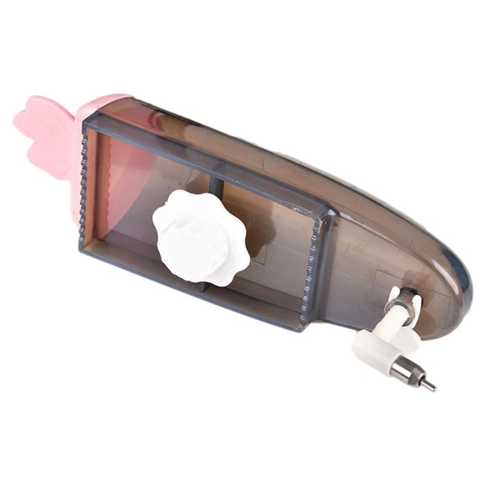 A 10899-ff68ca.jpg with a transparent body, white handle, and a metal mincing component. The device features a pink floral design on one end, much like the aesthetic found in stylish pet water dispensers.