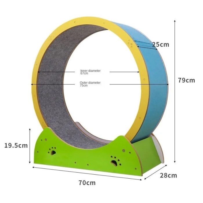 A 10911-484e81.jpg with a blue outer surface and yellow rim, mounted on a green base. Measurements are shown: 79cm height, 70cm width, 28cm depth, with a 66cm inner diameter and 75cm outer diameter.