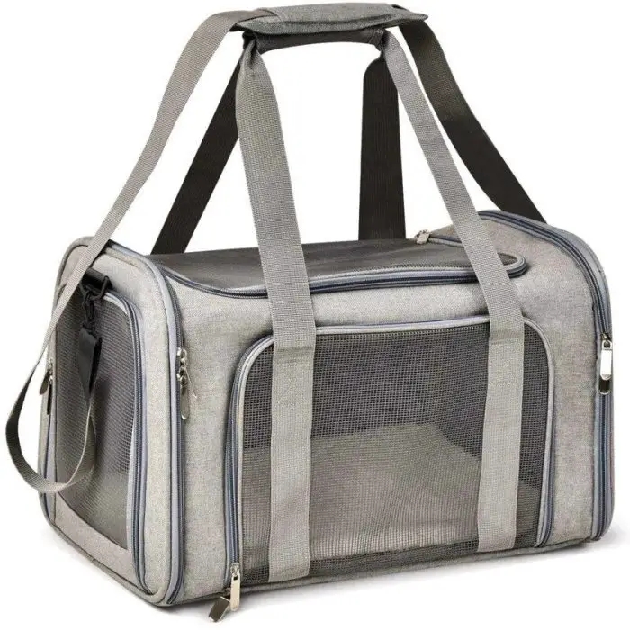 A grey 10919-3cfcdd.jpg with mesh windows, zipper closures, and adjustable shoulder straps.