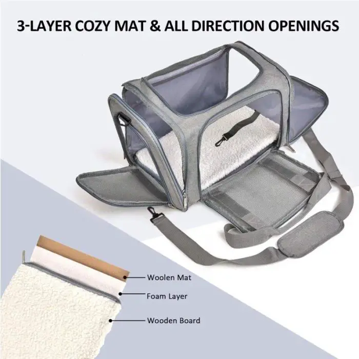 Portable pet carrier with multiple openings displayed open. Text reads "3-Layer Cozy Mat & All Direction Openings" with a diagram showing the woolen mat, foam layer, and wooden board components. Product Name: 10919-54757d.jpg