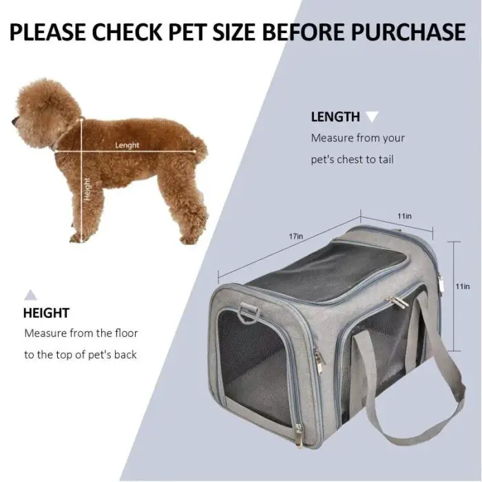 Diagram illustrating pet measurement guidelines for purchasing a 10919-5b16b5.jpg. Includes a size chart with instructions to measure pet length from chest to tail and height from floor to back.